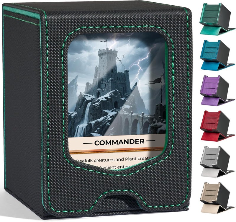 Fabmaker Deck Box Compatible with MTG Commander, (patent Pending) Magnetic Trading Card Storage Box with Commander, Fits 100 Double-Sleeved Cards, Card Box Compatible with Magic the Gathering, Green - Image 1